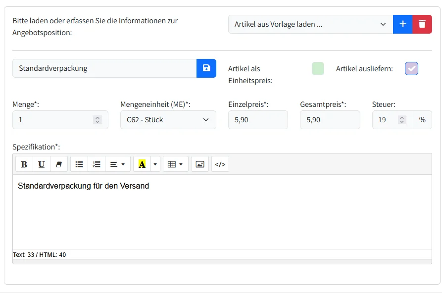 Artikel und Positionen verwaltung im EP Enterprise Portal